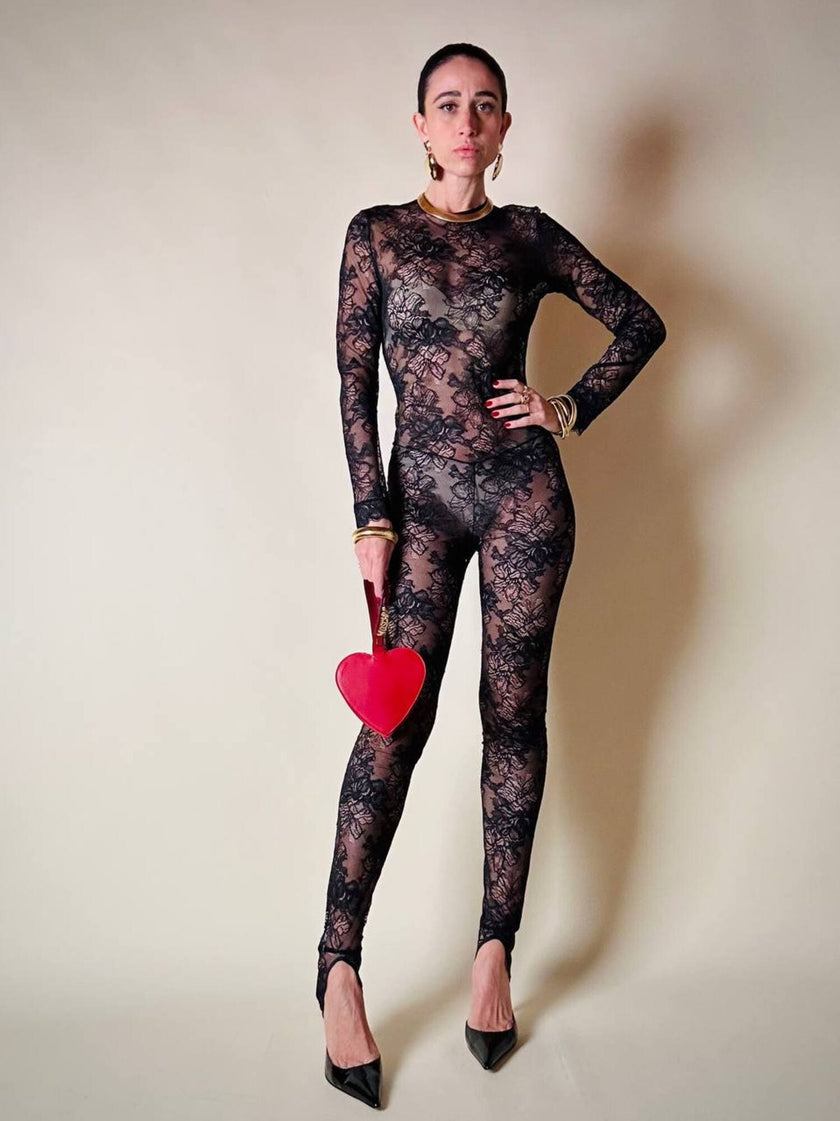 Jumpsuit con staffe in pizzo nero “La Perla”