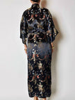 Langer Vintage-Kimono-Bademantel aus schwarzem Jacquard-Satin mit Drachen- und Blumenmotiven