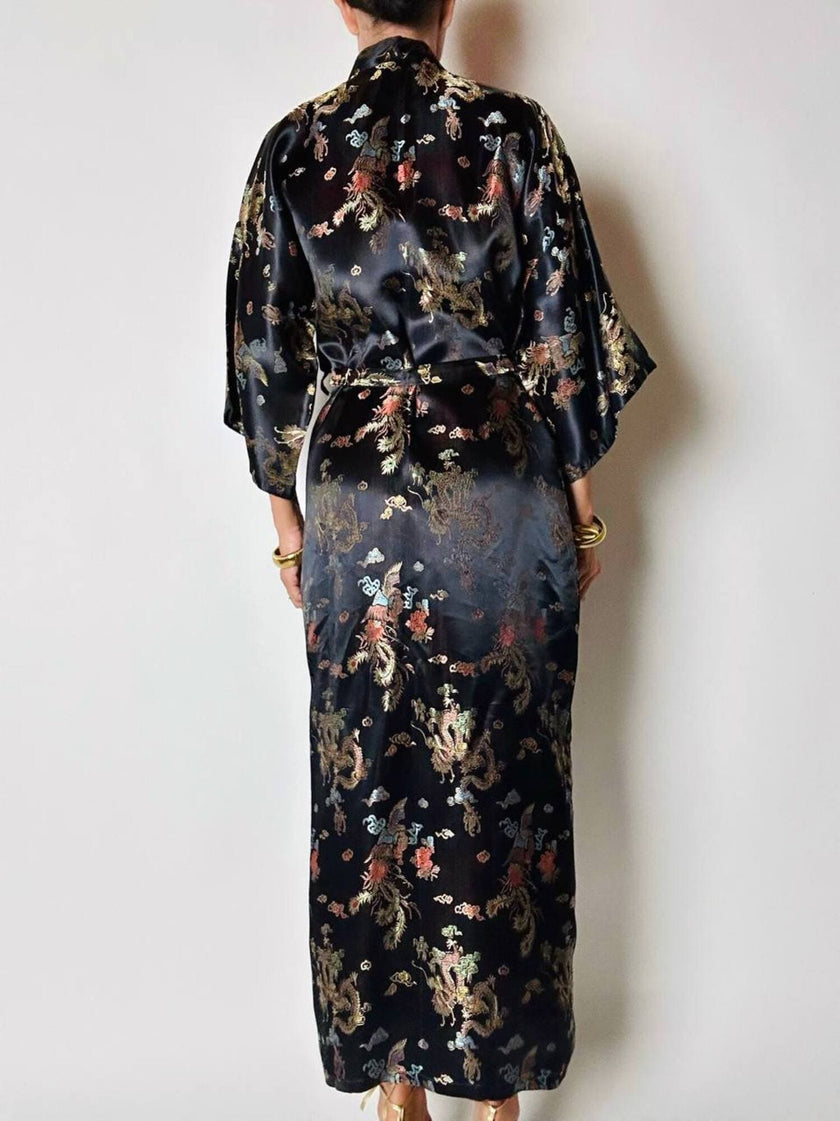 Langer Vintage-Kimono-Bademantel aus schwarzem Jacquard-Satin mit Drachen- und Blumenmotiven