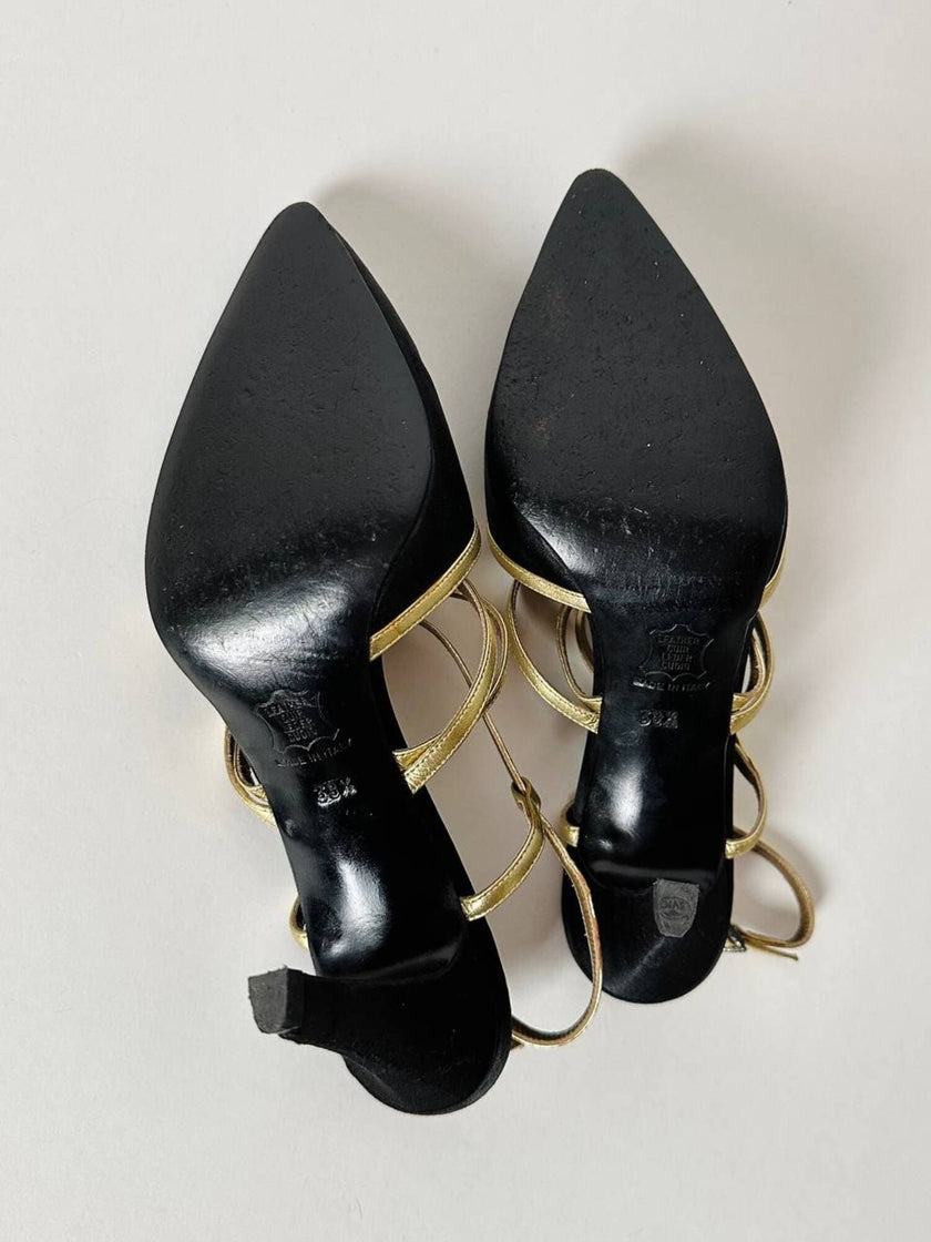 Sandali vintage Yves Saint Laurent in raso di seta nero e pelle laminata oro
