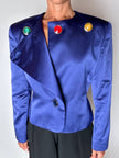 Vintage-Jacke von Yves Saint Laurent aus kobaltblauem Satin mit mehrfarbigen Schmuckknöpfen
