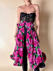 Gonna a ruota in seta fantasia floreale fucsia con maxi fiocco