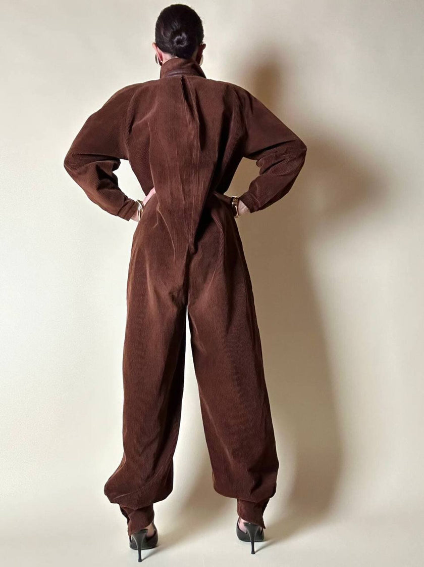 Combinaison vintage Complice en velours côtelé marron avec détails en cuir
