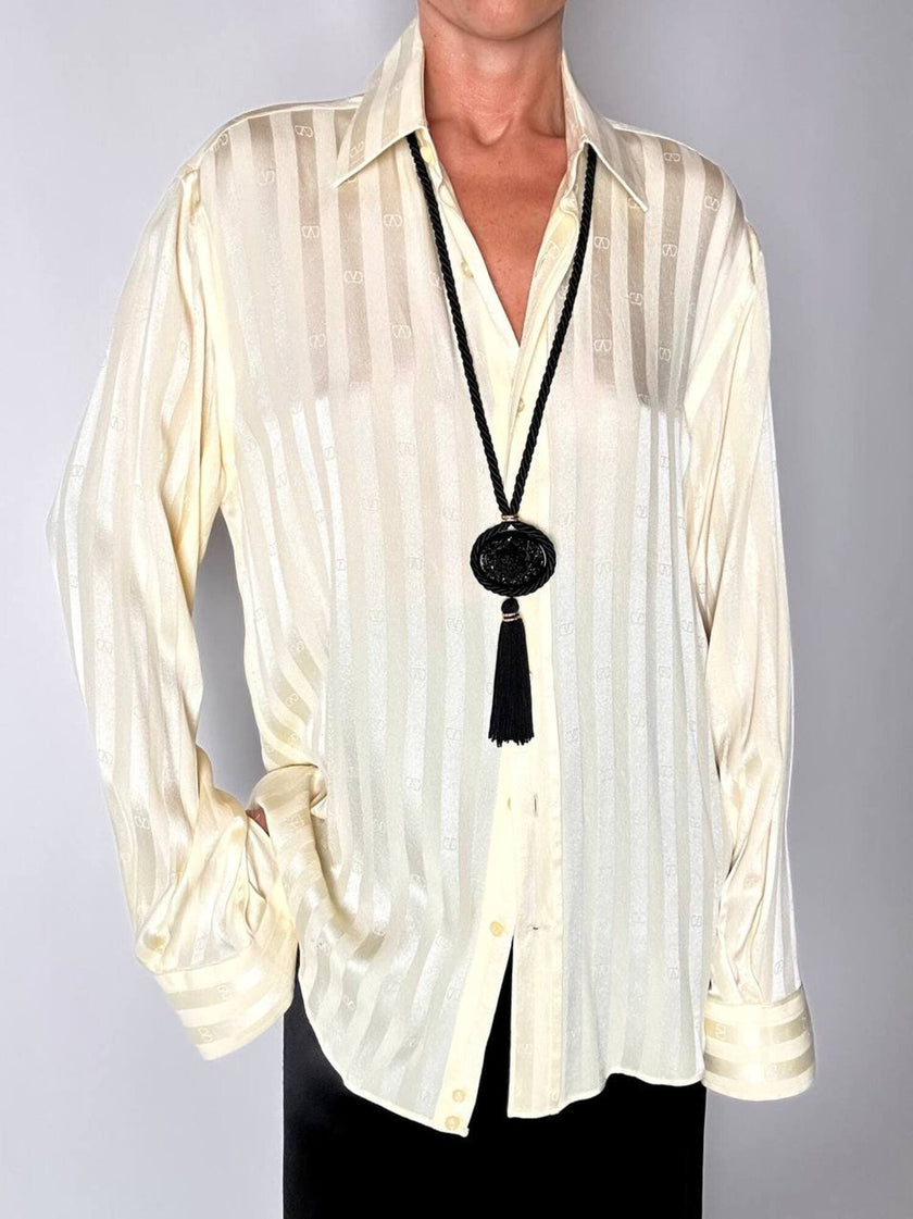 Chemise vintage en soie Valentino Garavani ivoire à rayures avec logos all-over