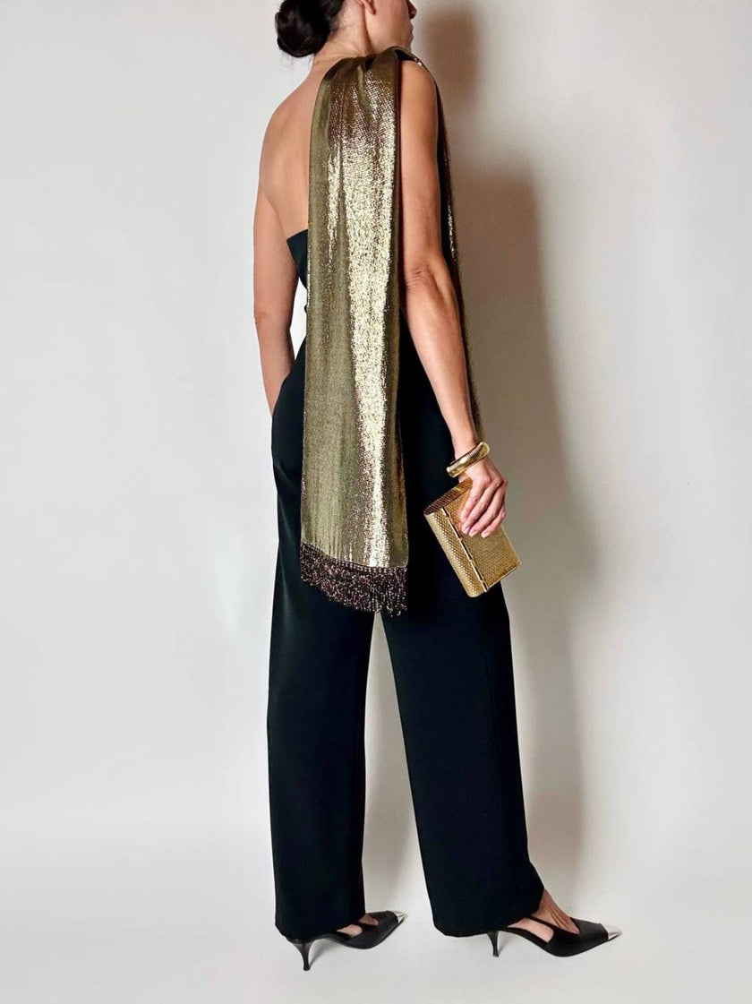 Sciarpa vintage Yves Saint Laurent in lamé di seta oro con frange e logo YSL ricamato