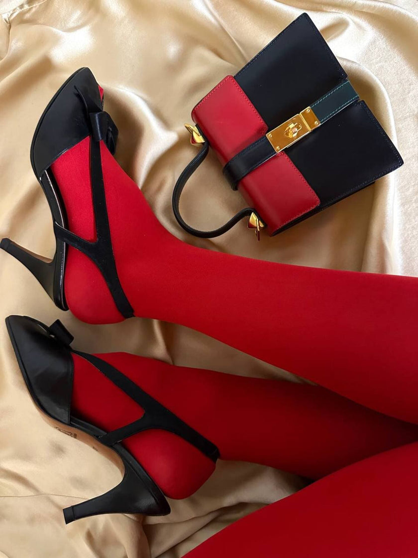 Sandali neri in pelle e raso con fiocco “Yves Saint Laurent”