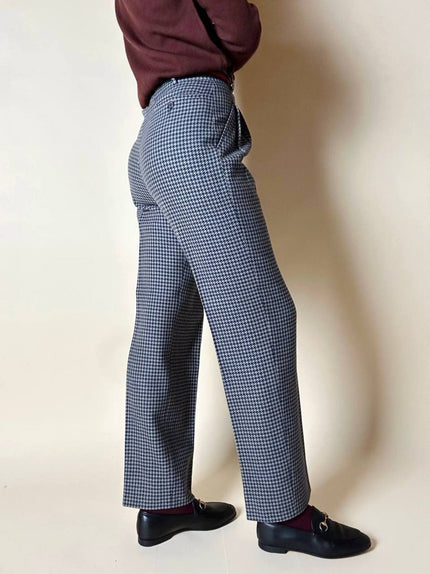 Pantalone a vita alta in lana pied de poule grigio e ottanio Basile