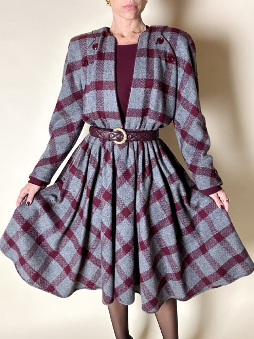 Abito Velentino Boutique in lana fantasia check grigio e bordeaux