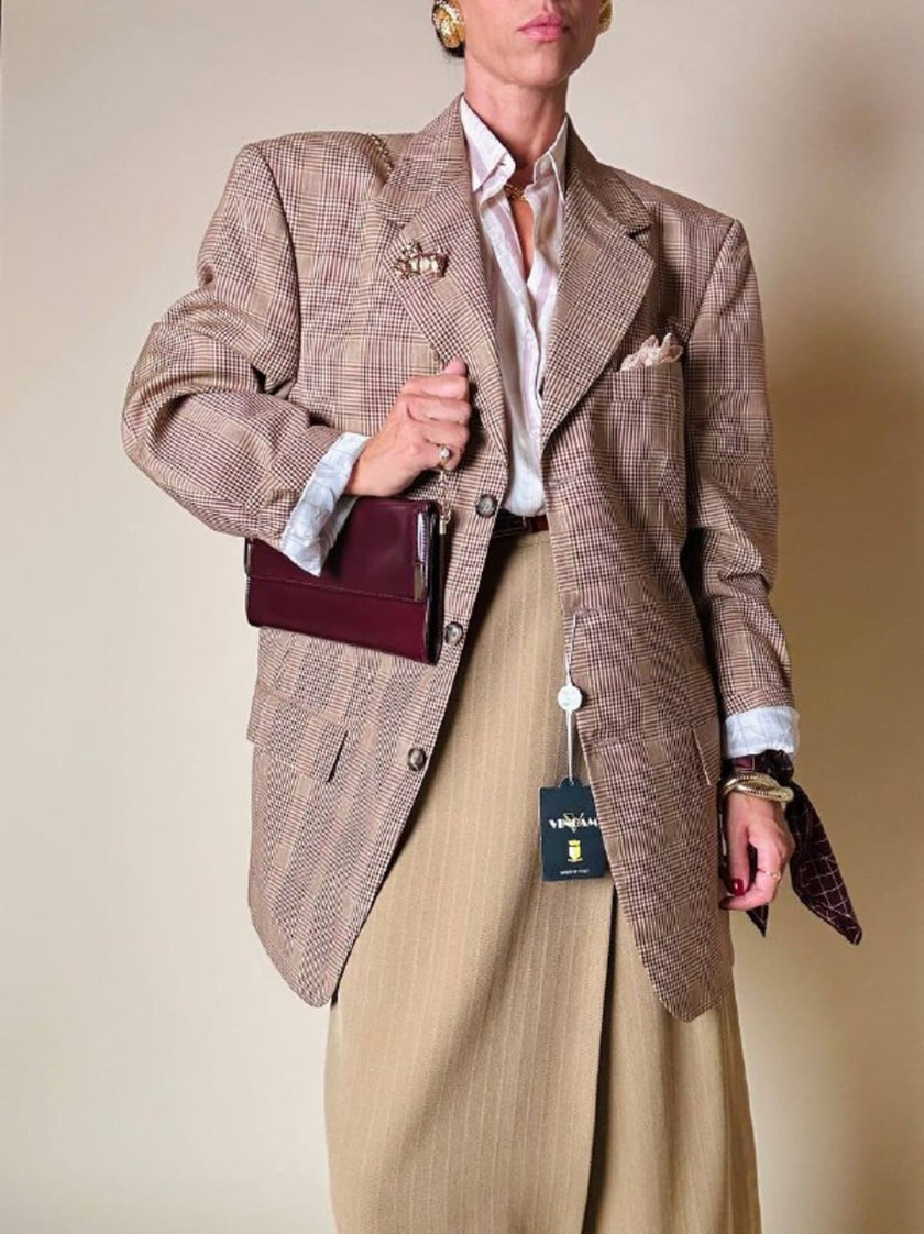 Blazer oversize in fresco di lana principe di Galles beige e marrone Vincam