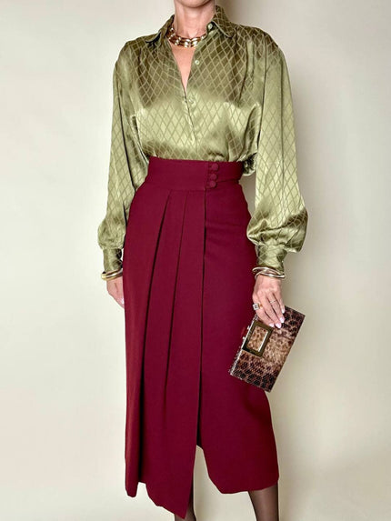 Camicia in seta jacquard verde oliva con motivo a losanghe