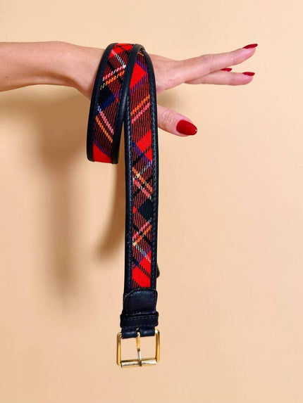 Cintura in lana tartan con profili in pelle blu “Daniel’s Club”