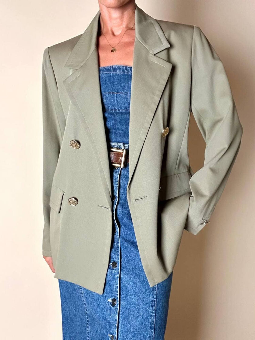 Blazer doppiopetto Yves Saint Laurent  in rasato di lana cachi con bottoni gioiello