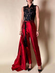 Tailleur pantalone rosso in shantung di seta grezza