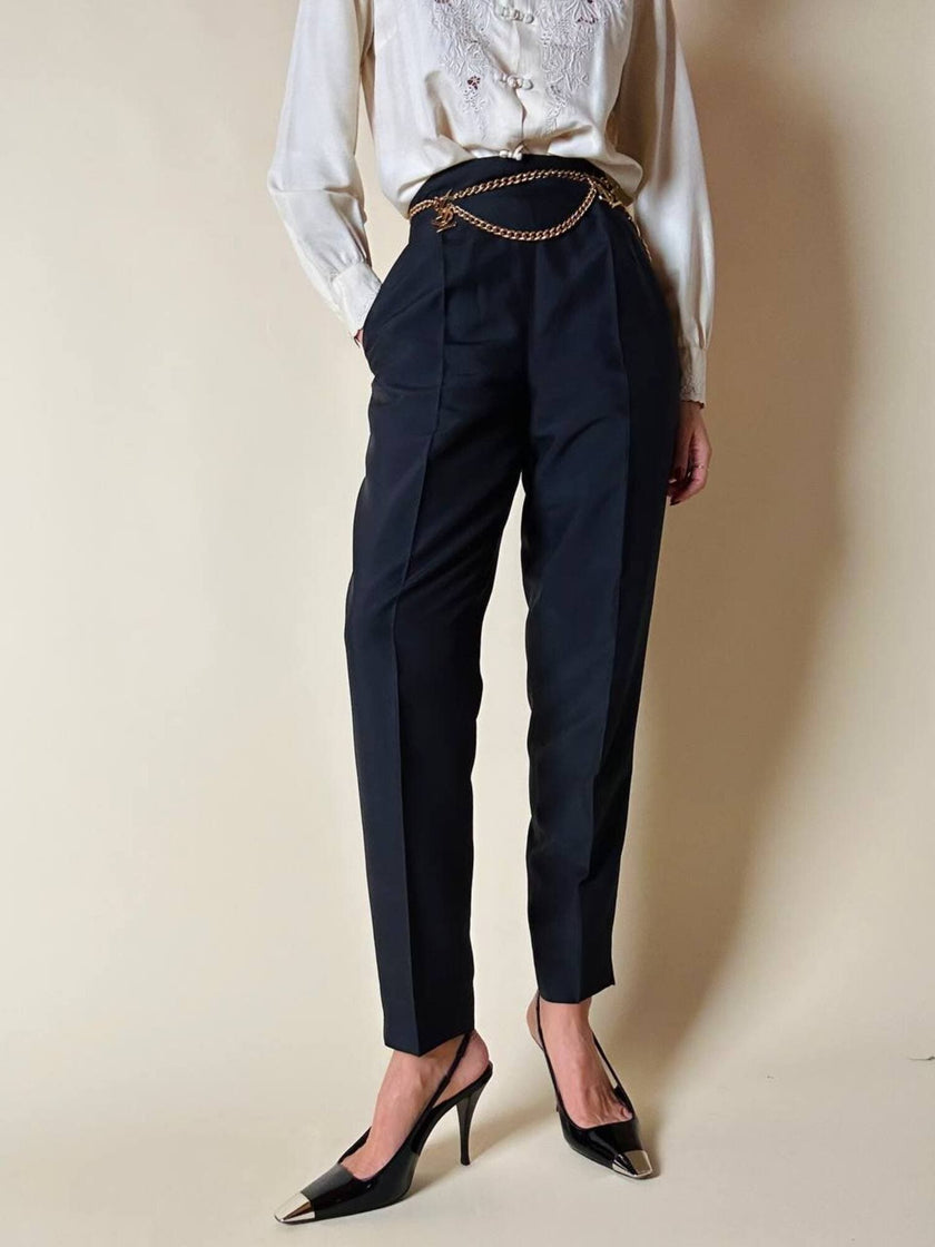 Pantalone vintage Gucci modello a vita alta con piega in seta nera