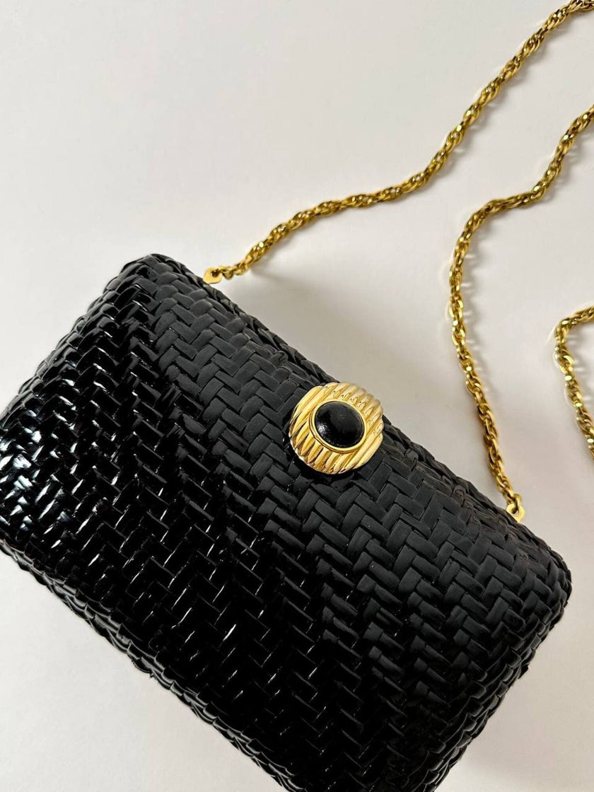 Borsa vintage Rodo in midollino nero e tracolla a carena