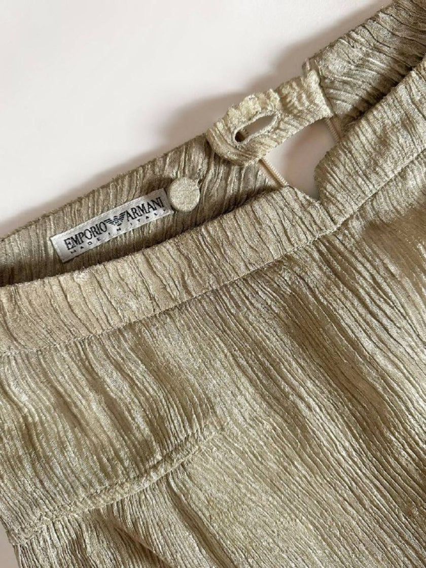 Pantalone a palazzo vintage Emporio Armani in seta goffrata champagne operata con filo metallico