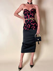 Bustier nero fantasia rose rosse in seta operata “Rena Lange”