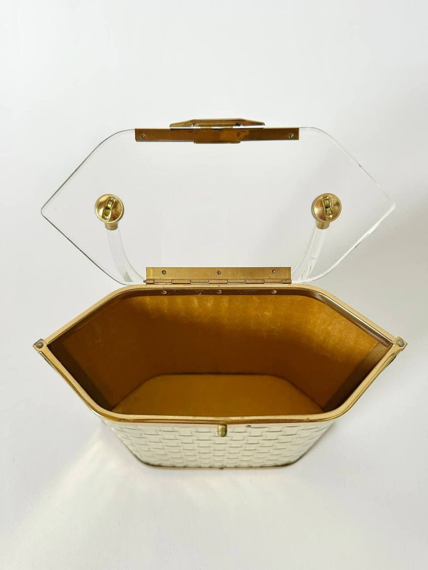 Box Bag vintage in lucite e metallo dorato effetto intrecciato