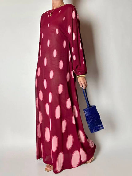 Maxi abito vintage Gottex in cpêpe amarena con maxi pois irregolari rosa