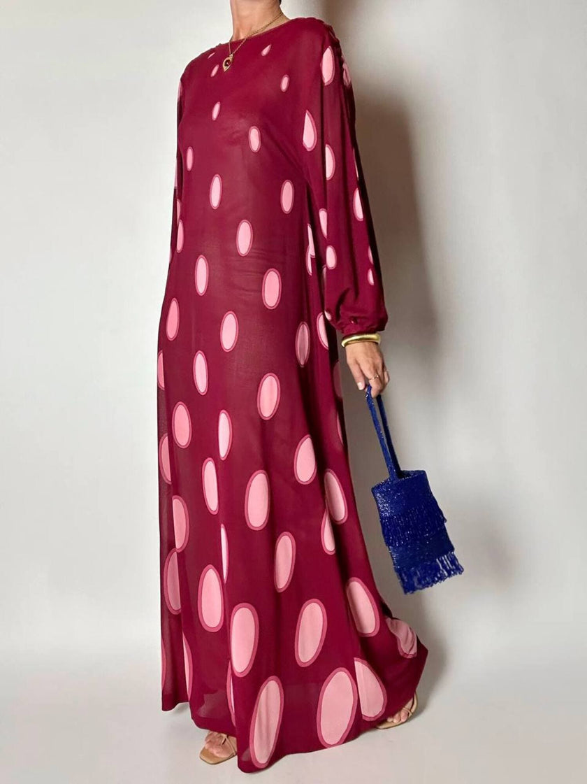 Maxi abito vintage Gottex in cpêpe amarena con maxi pois irregolari rosa
