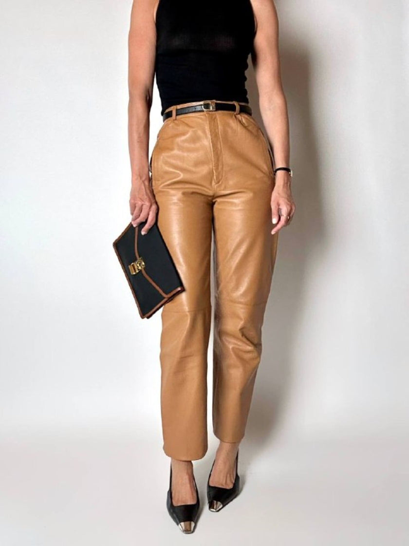 Vintage high-waisted tan leather trousers by Modissa