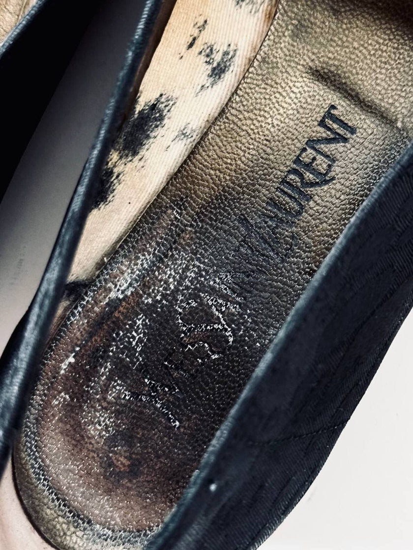 Ballerine slipper Yves Saint Laurent jacquard in tela nera animalier con monogramma YSL in strass