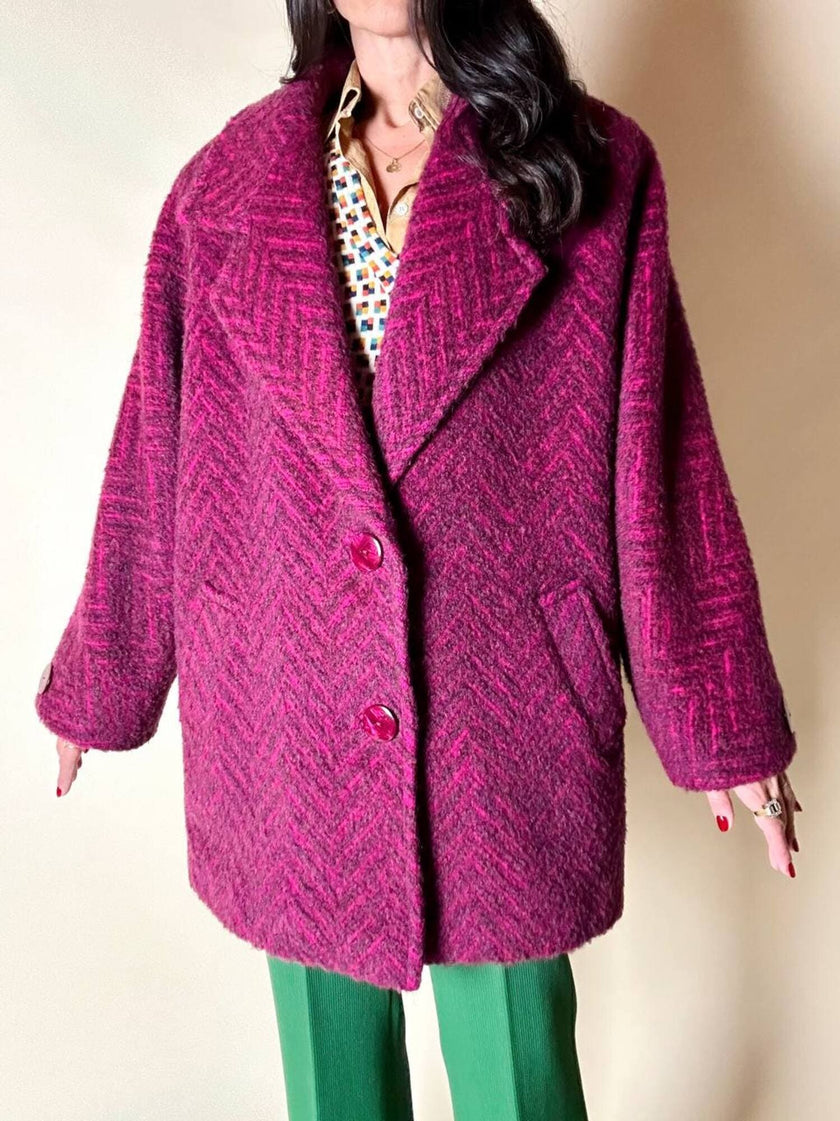 Capottino vintage spinato in tweed di lana e mohair magenta e prugna