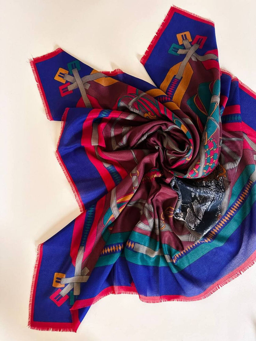 Scialle multicolor in misto lana fantasia equestre