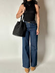 Secchiello vintage Yves Saint Laurent in tessuto nero millerighe con riporti in pelle