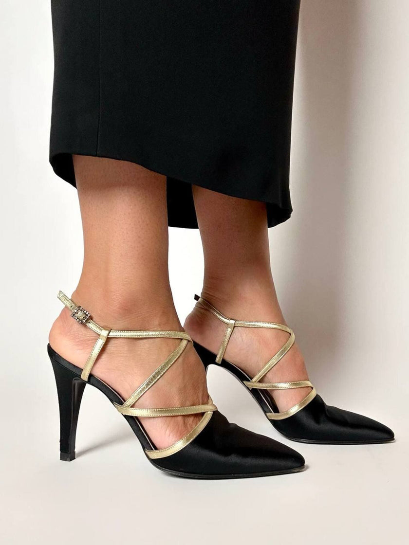 Sandali vintage Yves Saint Laurent in raso di seta nero e pelle laminata oro