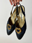 Slingback vintage Yves Saint Laurent blu notte con cuori gioiello dorati