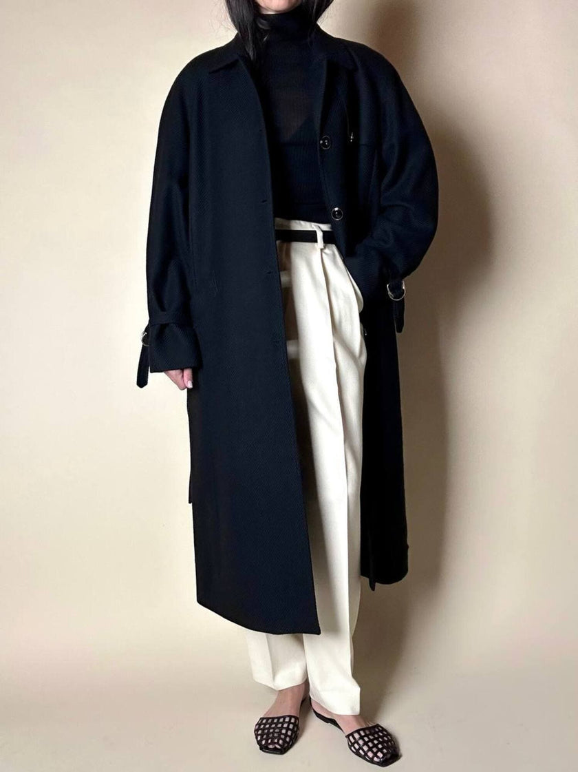 Cappotto lungo vintage in lana nera con taglio trench CGV Firenze