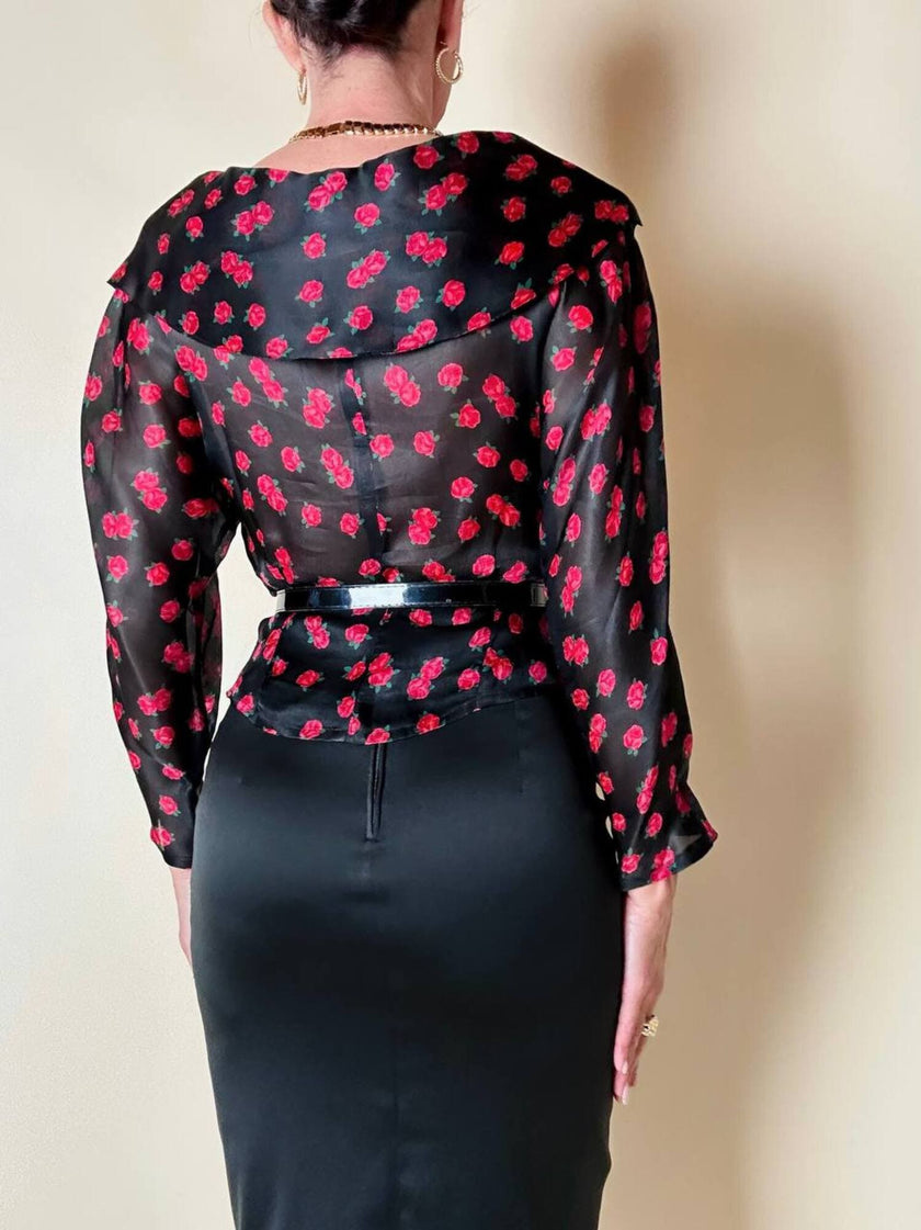 Camicia in organza nera fantasia rose rosse “Byblos”