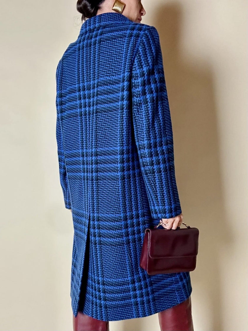 Cappotto in pura lana fantasia principe di Galles blu elettrico e nero Gigli Del Campo