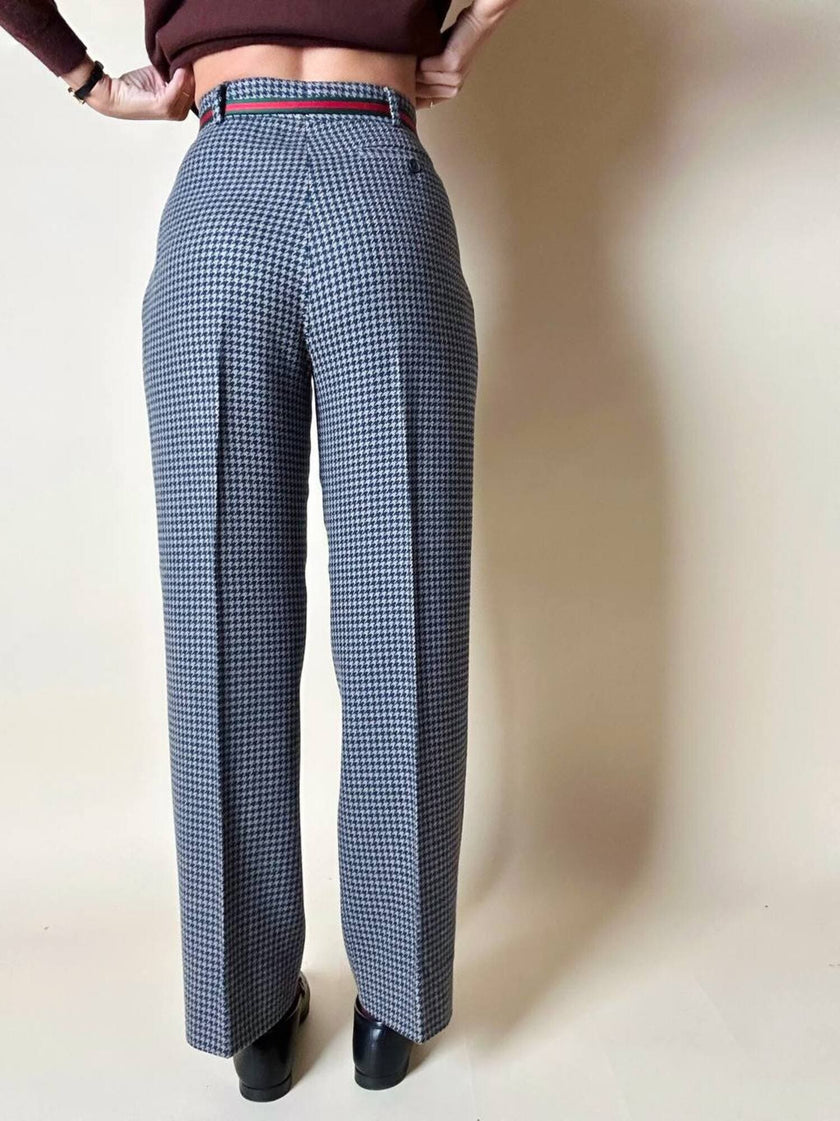 Pantalone a vita alta in lana pied de poule grigio e ottanio Basile