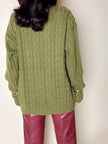 Maglione girocollo lavorato a trecce e a coste larghe verde oliva