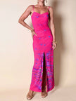 Abito lungo con spacco centrale fucsia fantasia astratta “Azzaro Paris”