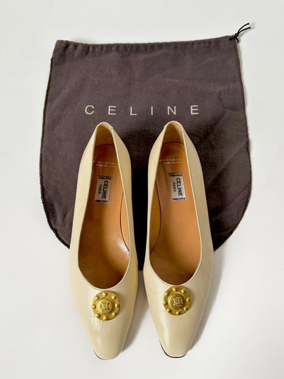 Ballerine vintage Celine Paris in pelle avorio con medaglioni dorati logati
