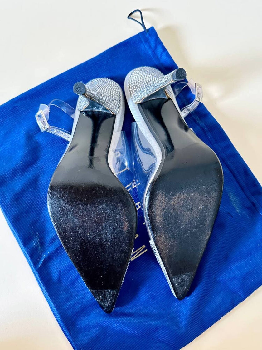 Slingback vintage a punta in plexi e strass argento Stuart Weitzman