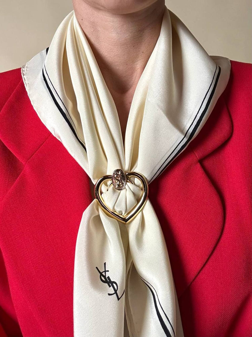 Foulard in seta avorio con profili e logo neri “Yves Saint Laurent”