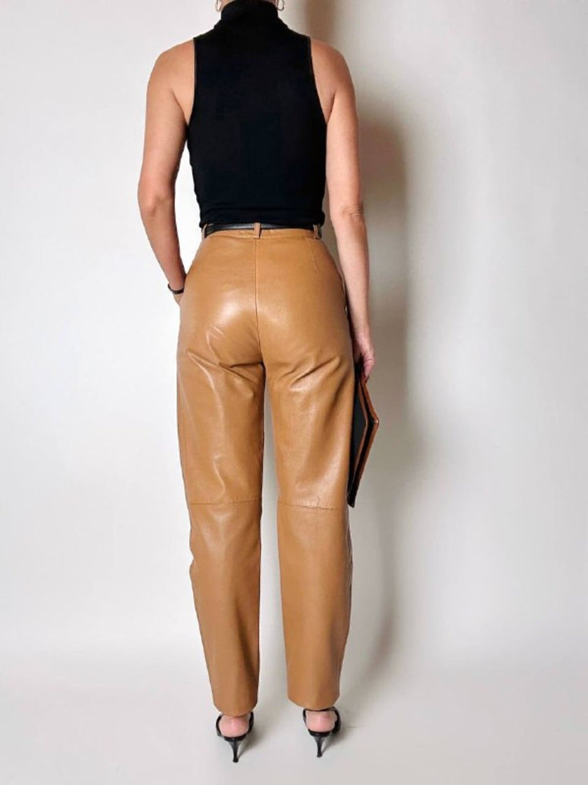 Vintage high-waisted tan leather trousers by Modissa