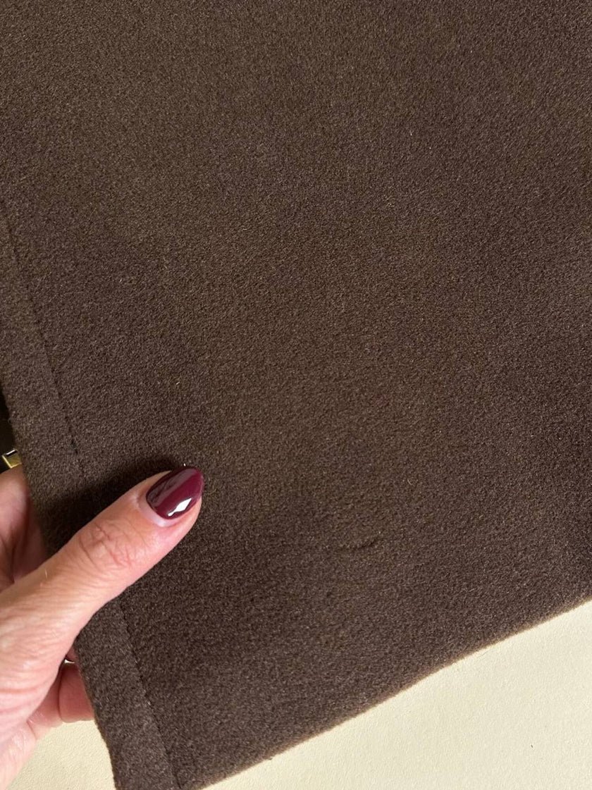 Alex & Tris green-brown wool double-breasted coat with martingale and black velvet trim