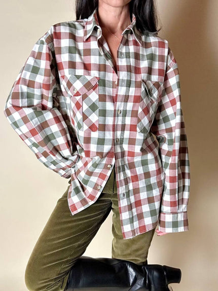 Camicia Yves Saint Laurent in cotone a quadri nei toni del bianco verde oliva e rosso mattone