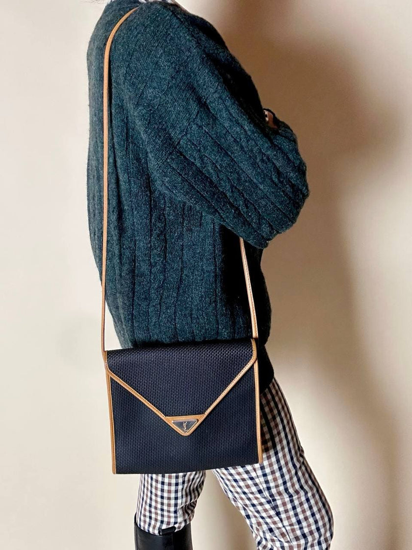 Borsa bandoulière Yves Saint Laurent in tessuto tramato nero con dettagli in pelle cuoio