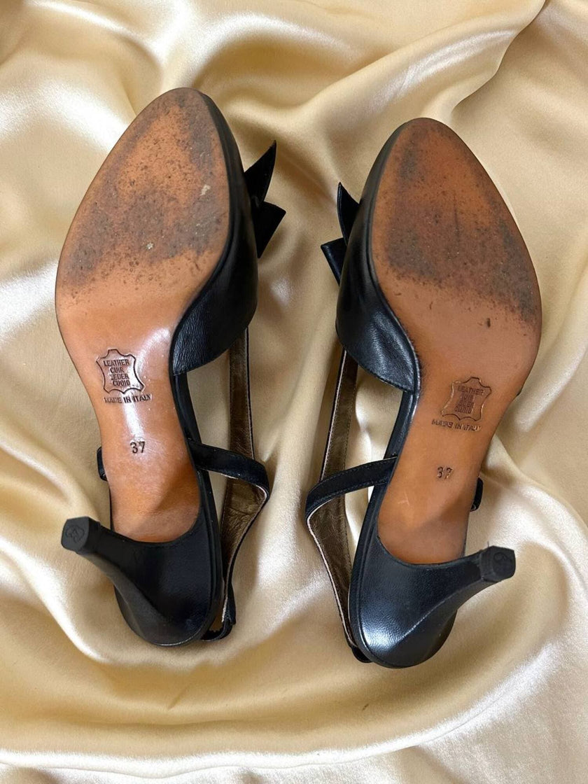Sandali neri in pelle e raso con fiocco “Yves Saint Laurent”