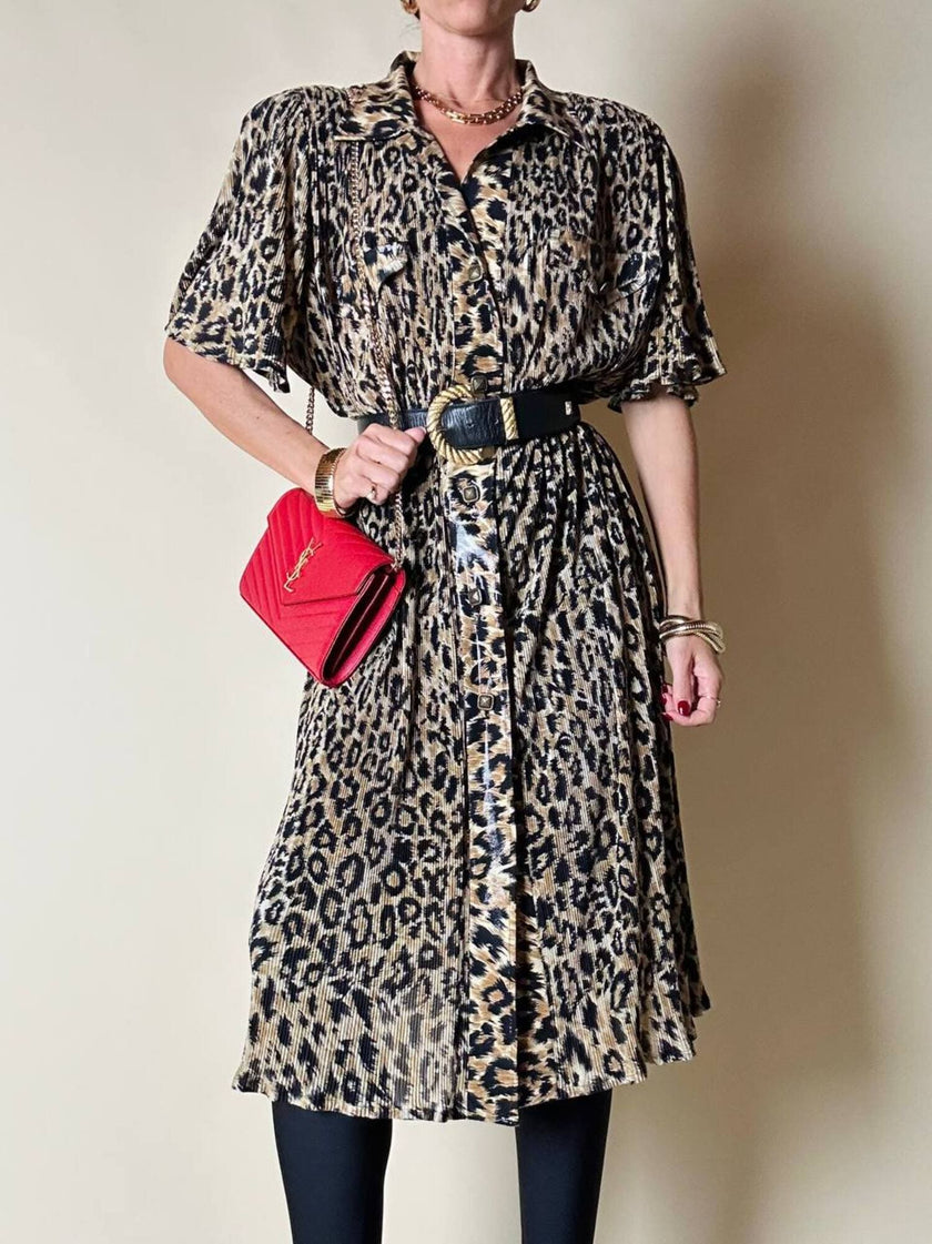 Chemisier vintage leopardato in tessuto micro plissé Henriette
