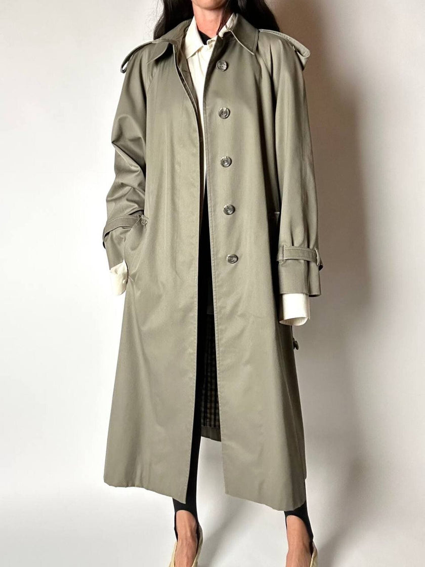 Vintage Aquascutum trench coat in khaki green gabardine with matching belt