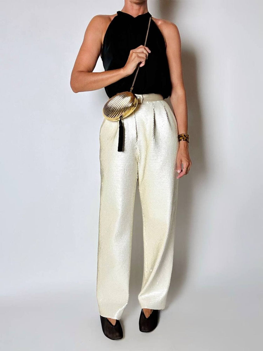 Vintage cream sequin-embroidered palazzo pants
