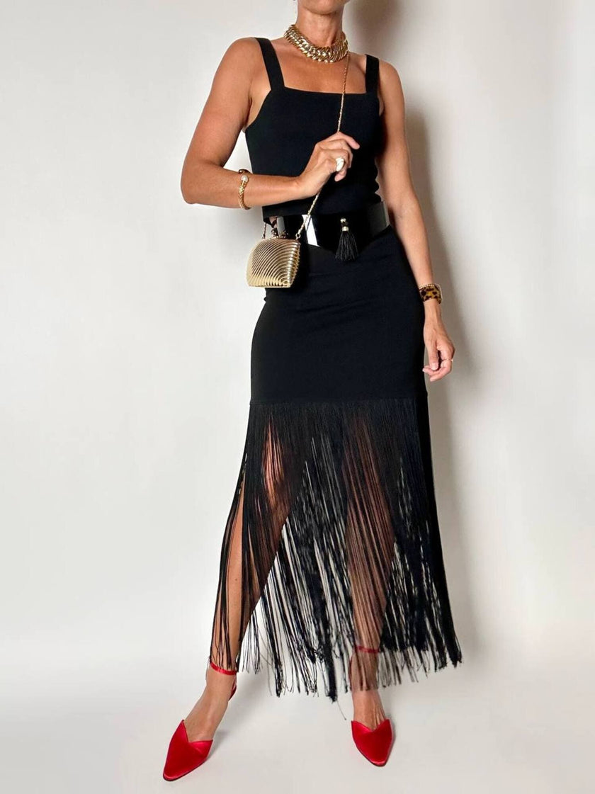 Gonna a tubino vintage Ivoire De Laurence Paris in jersey nero con frange lunghe
