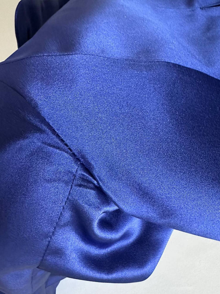 Vintage-Jacke von Yves Saint Laurent aus kobaltblauem Satin mit mehrfarbigen Schmuckknöpfen
